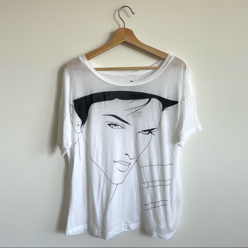 Patrick Nagel’s Illustration on a white boxy t-shirt with short sleeves